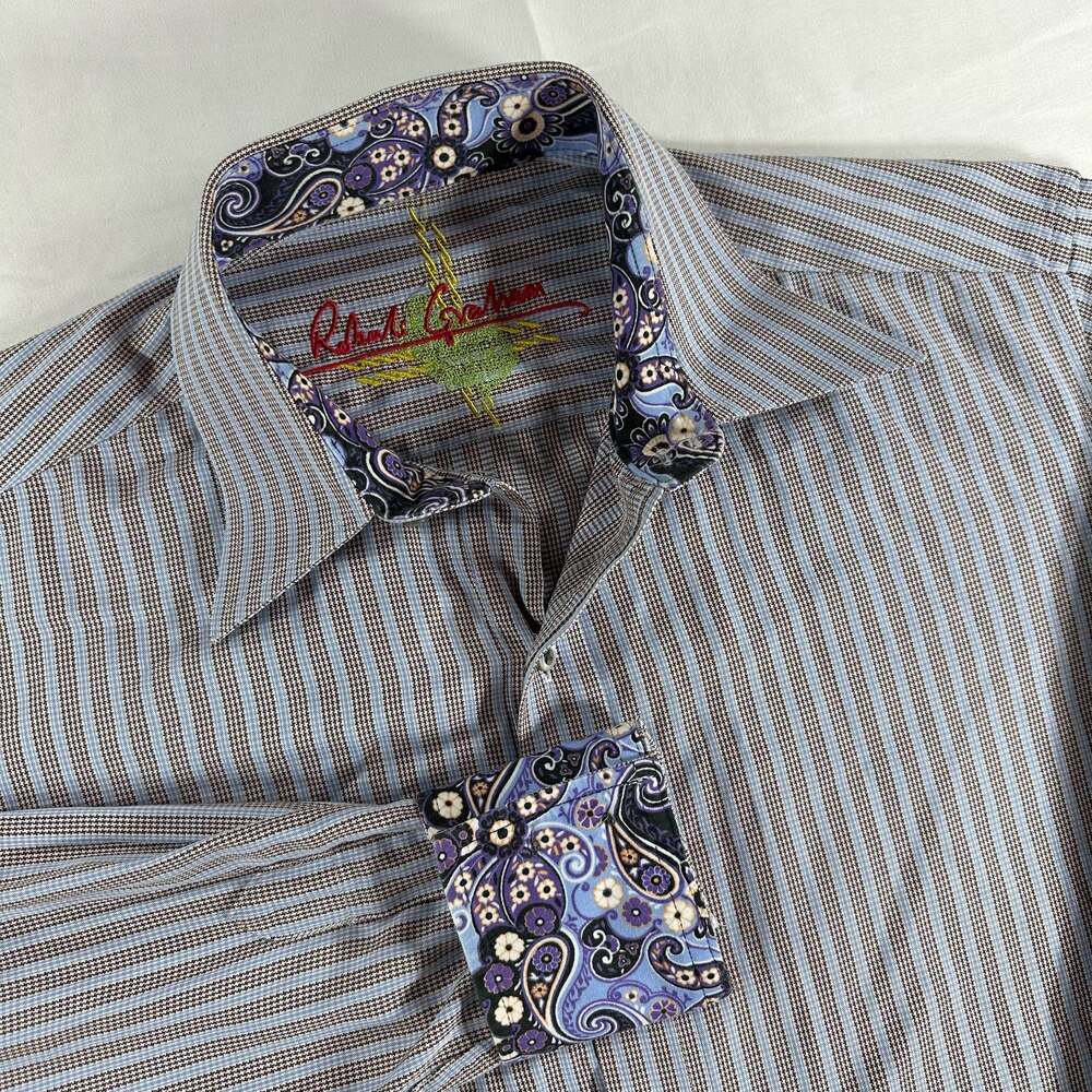 Robert Graham Men's Long Sleeve Button Down Striped Shirt Paisley Flip Cuffs